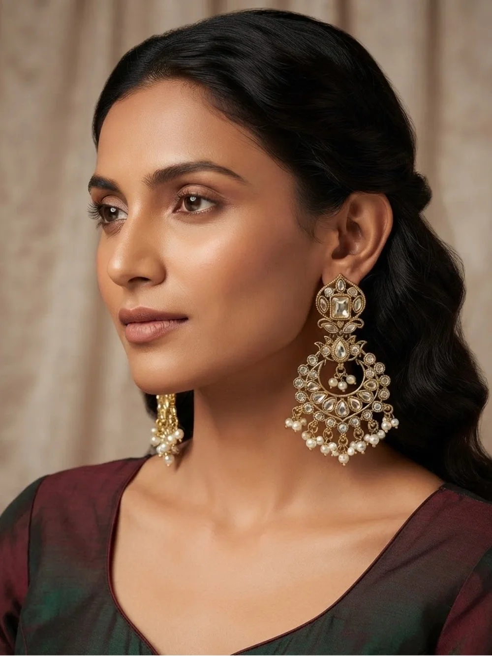 Gold Kundan Pearl Chandelier Earrings - Women Jewelry